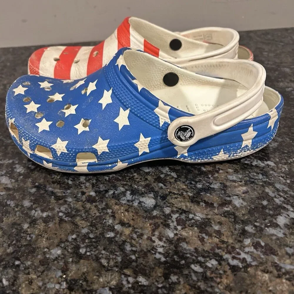 CROCS Red White Blue Stars Stripes American Flag USA Slip Shoe Womens 9 Mens 7